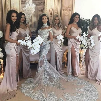 Винтажные Серебряные кружевные Мусульманские свадебные платья Русалки с длинными рукавами и высоким вырезом Свадебные платья Саудовской Аравии Дубай Африканское платье невесты